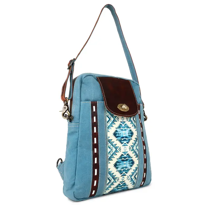 Blue Aztec Up-cycled Canvas & Genuine Leather Backpack image 4