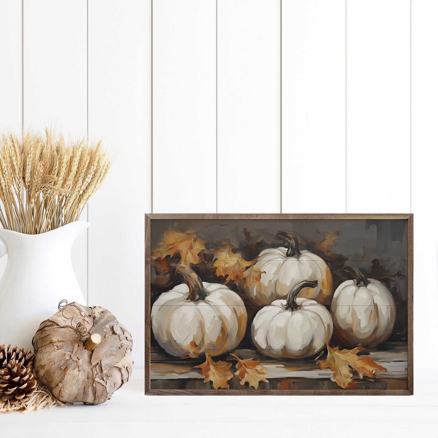 Four White Pumpkins With Leaves Black