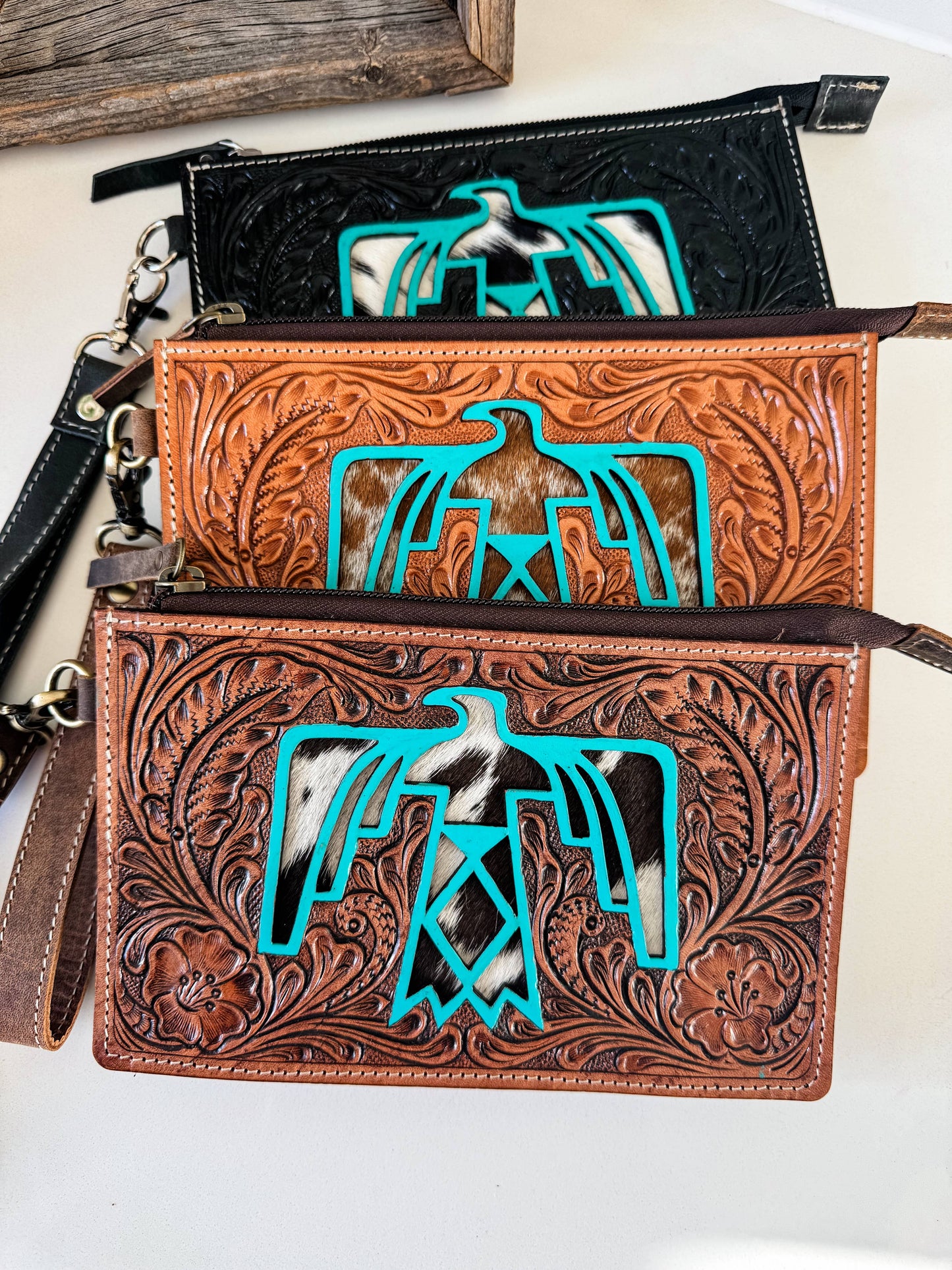 Sadie Thunderbird Wristlet Western Hand Tooled Leather
