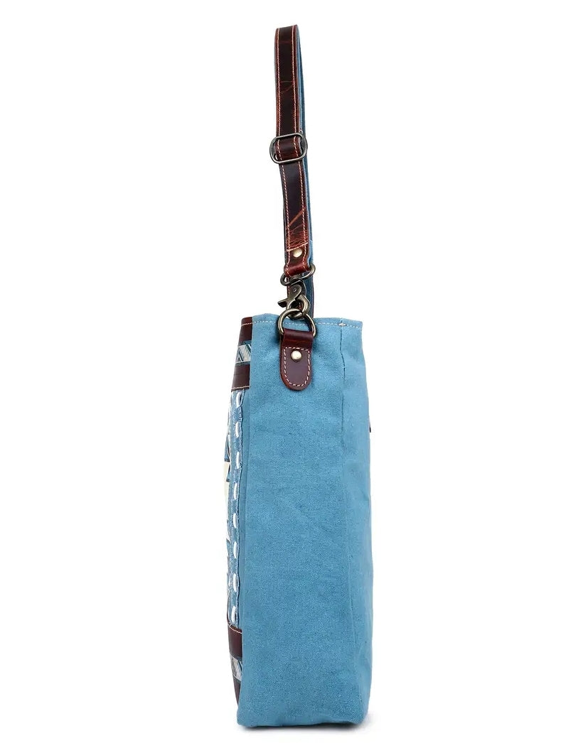 Blue Aztec Up-cycled Canvas & Genuine Leather Purse image 3