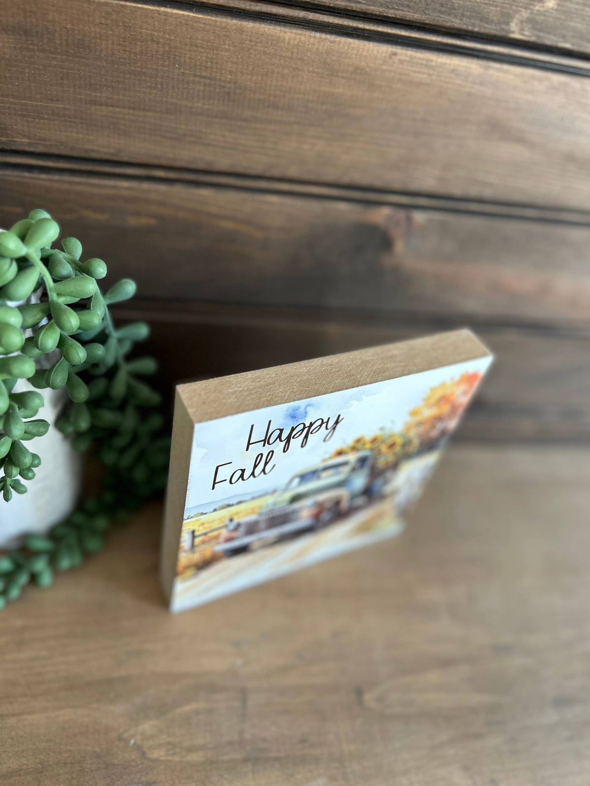 Happy Fall Vintage Truck with Sunflowers Wood Sign