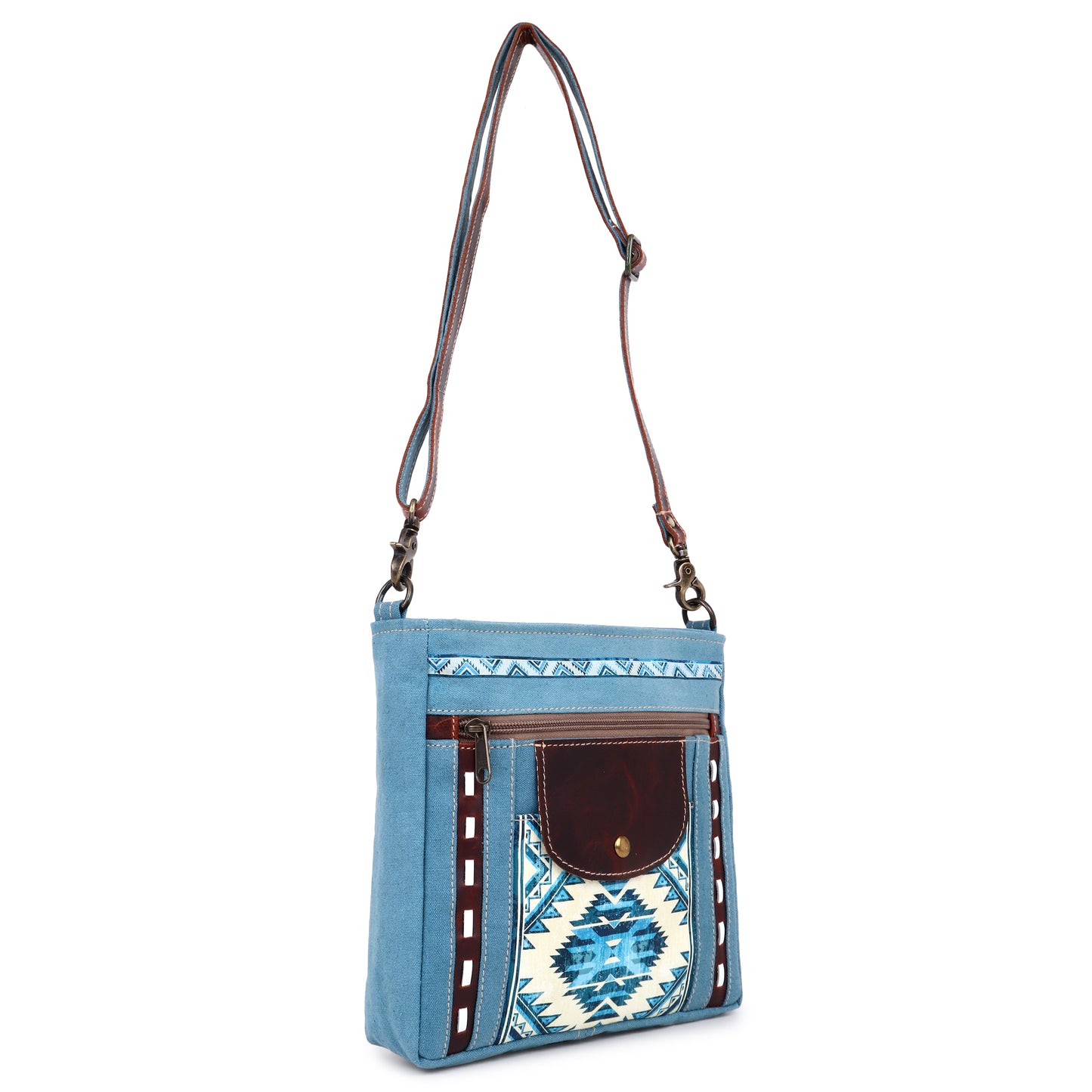 Blue Aztec Up-cycled Canvas & Genuine Leather Crossbody Purse image 1