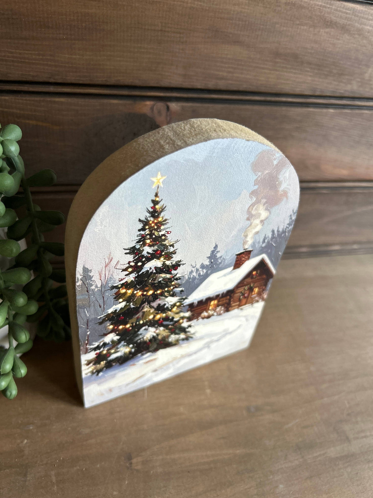 Christmas Cabin Wood Arch Shelf Sitter