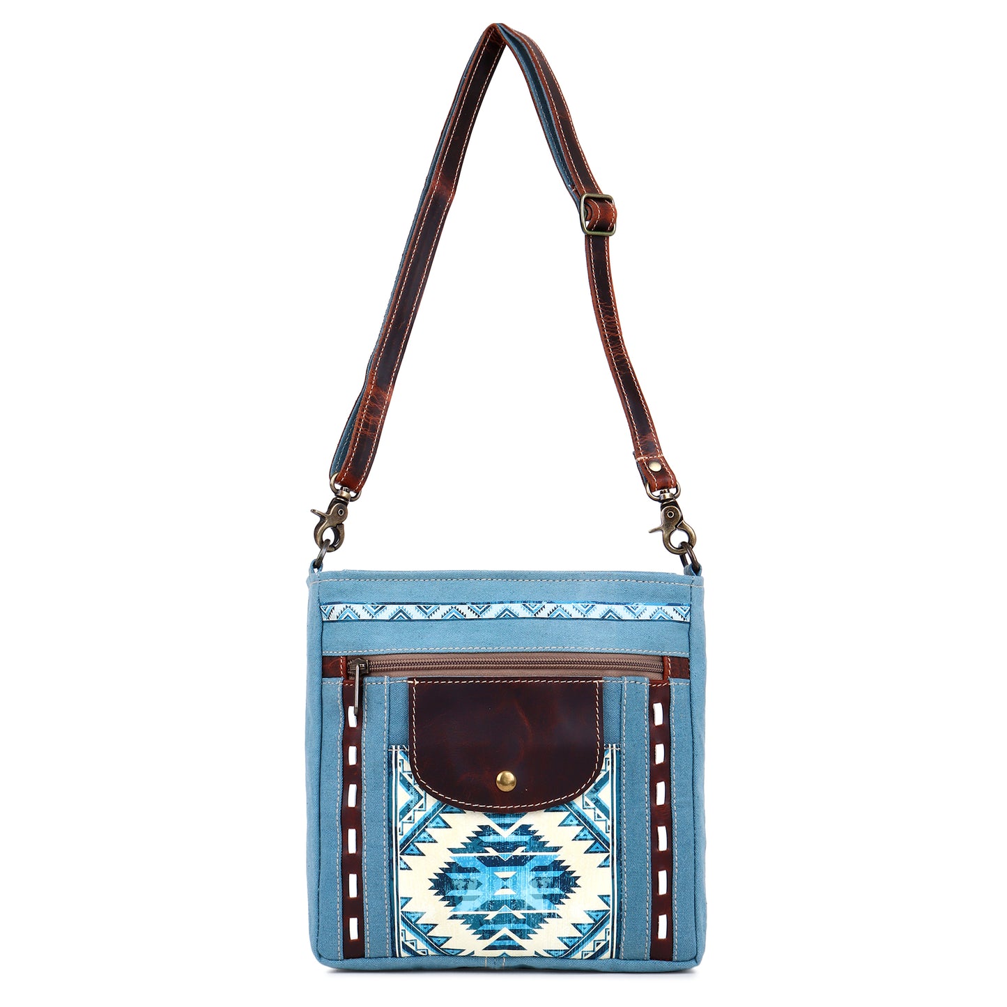 Blue Aztec Up-cycled Canvas & Genuine Leather Crossbody Purse image 2
