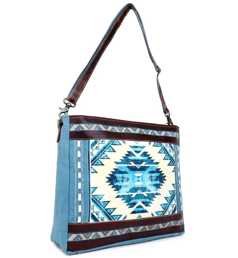 Blue Aztec Up-cycled Canvas & Genuine Leather Purse image 2