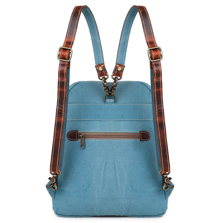 Blue Aztec Up-cycled Canvas & Genuine Leather Backpack image 2