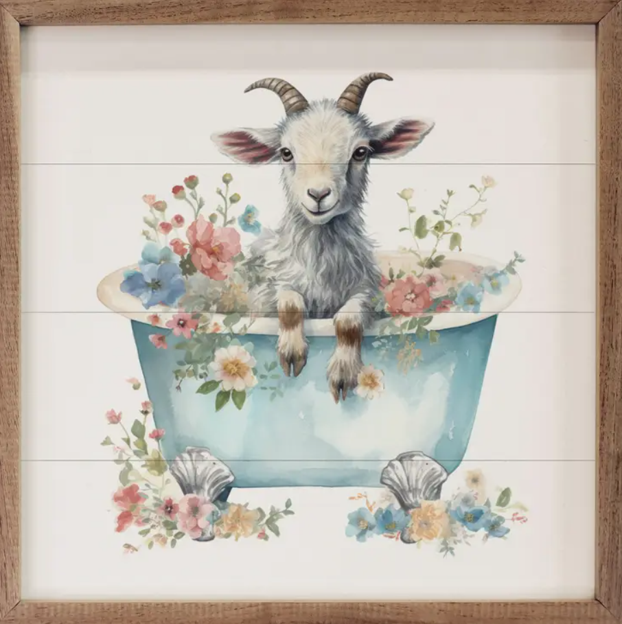 White Goat with Flowers Blue Tub White image 0
