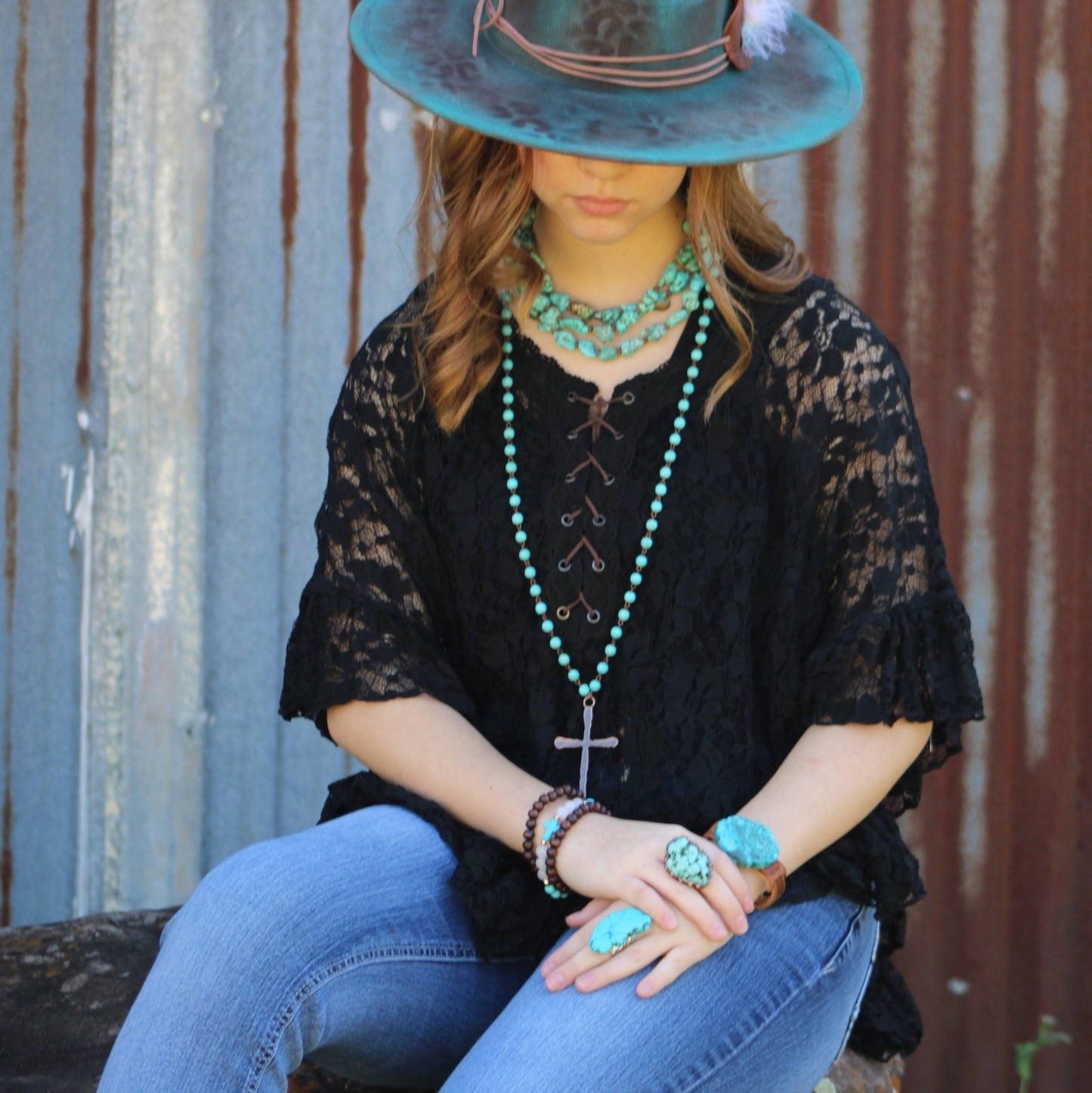 Turquoise Long Beaded Necklace with Antique Copper Cross 255r