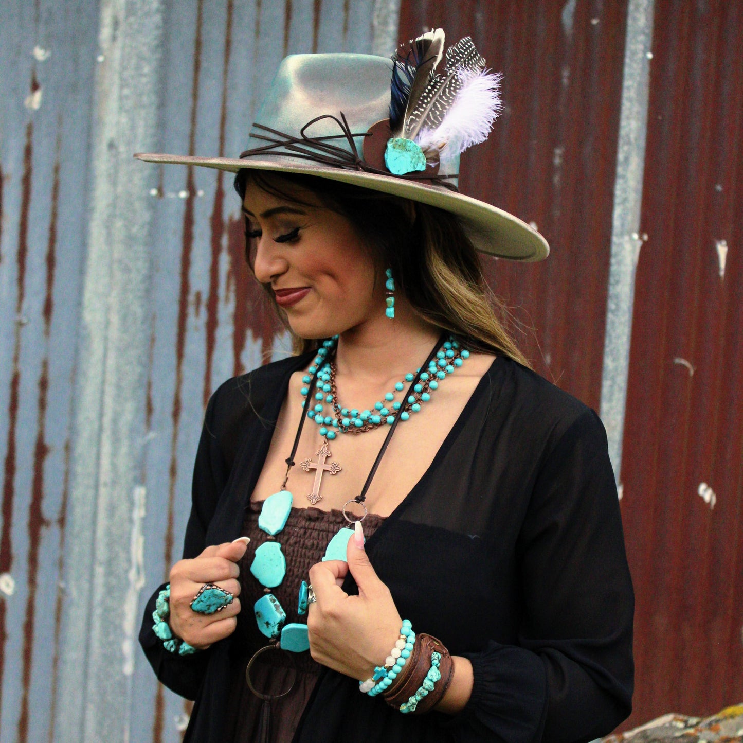 Stacked Turquoise and Copper Earrings 219f