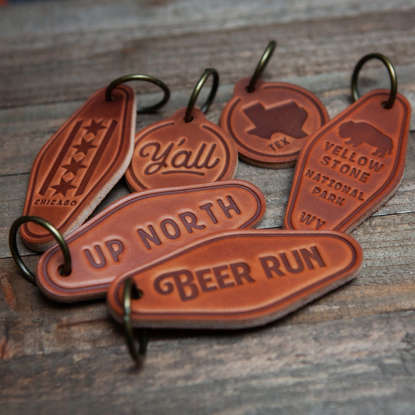 Austin Texas Script Leather Keychain Motel Style