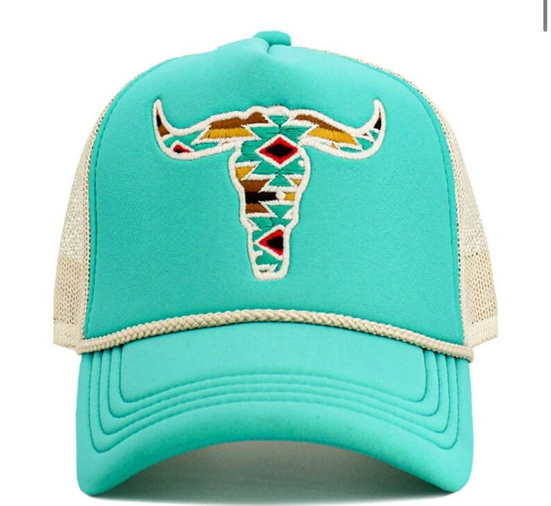 STEER AZTEC HAT Longhorn embroidered cowboy hat western: NEON PINK
