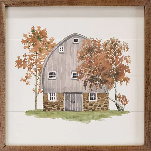 Watercolor White Barn in Early Autumn image 1