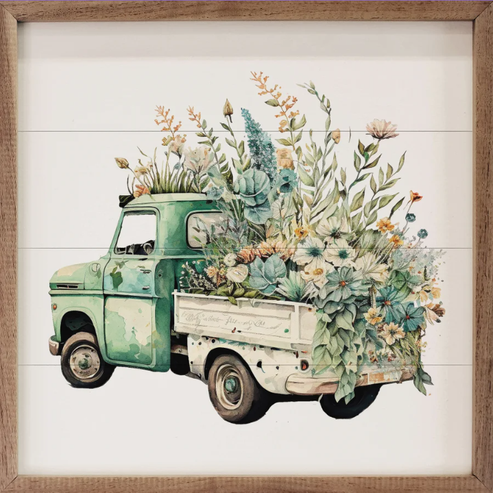 Green Truck With White Box Flowers Back View image 0