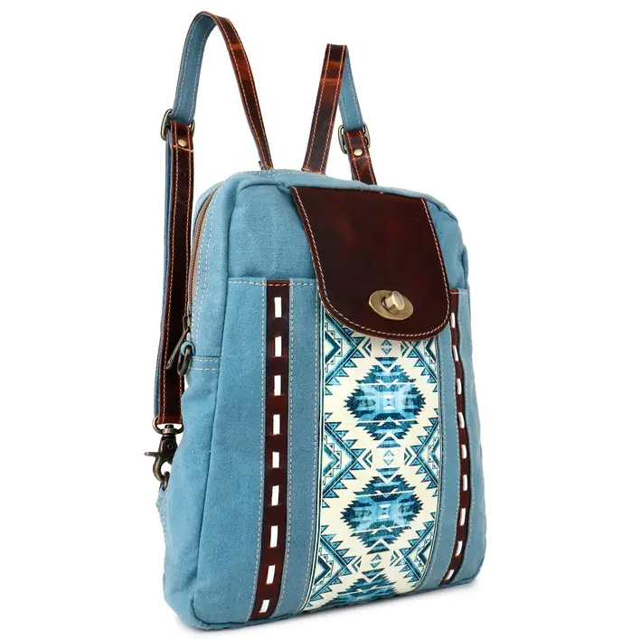 Blue Aztec Up-cycled Canvas & Genuine Leather Backpack image 1