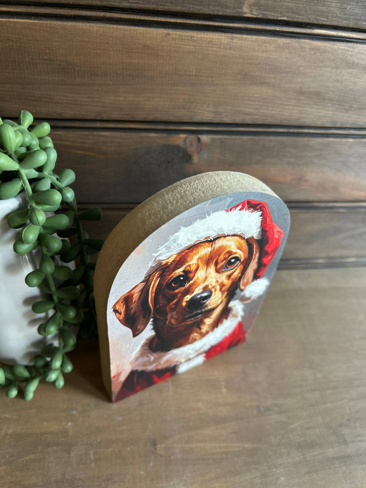 Dog in Santa Hat Wood Arch Shelf Sitter