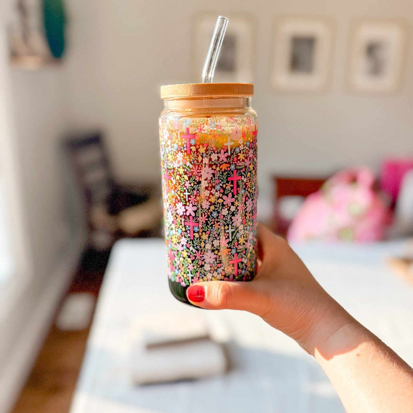 Floral Cross Inspirational Glass Tumbler