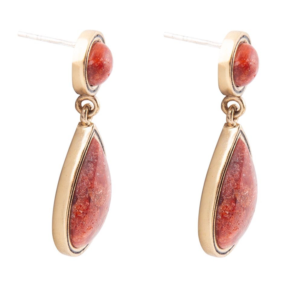 Red Sponge Coral Golden Drop Earrings