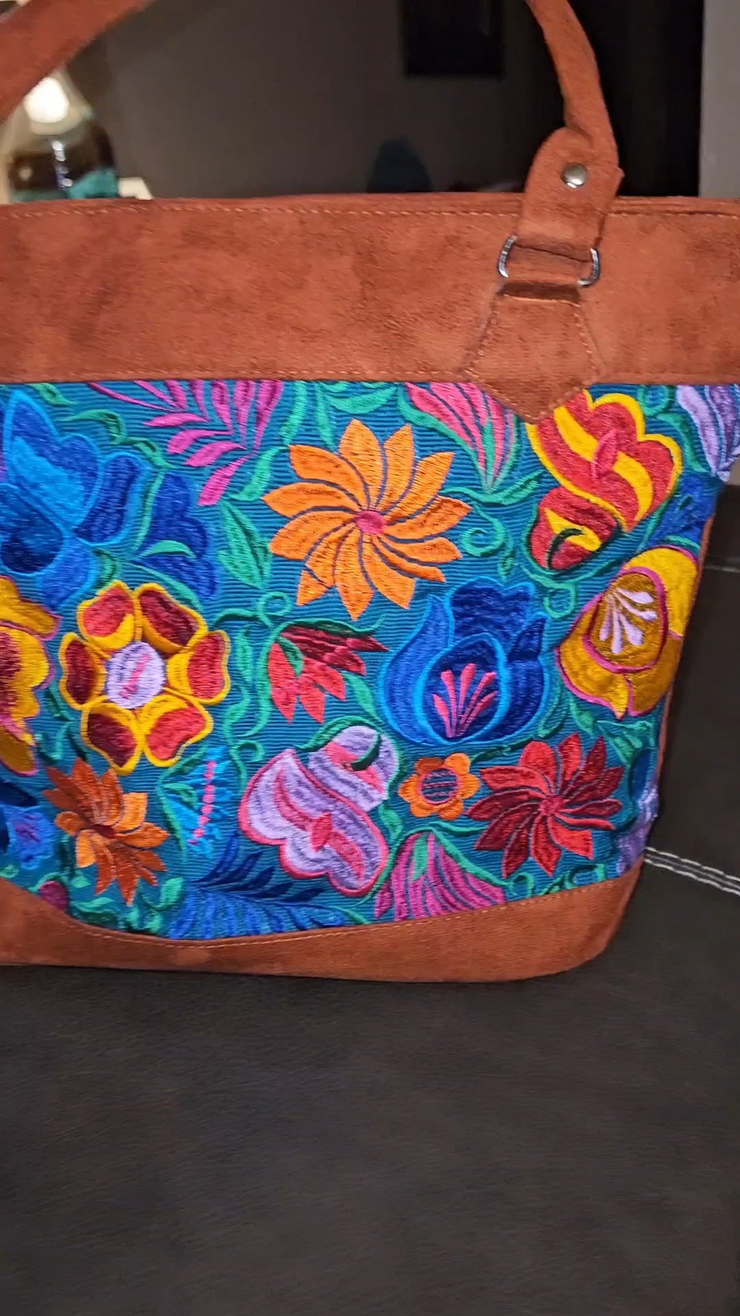 Handmade Embroidered Floral Suede Tote