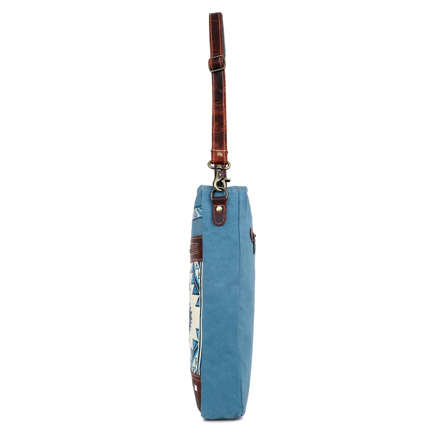 Blue Aztec Up-cycled Canvas & Genuine Leather Shoulder Bag