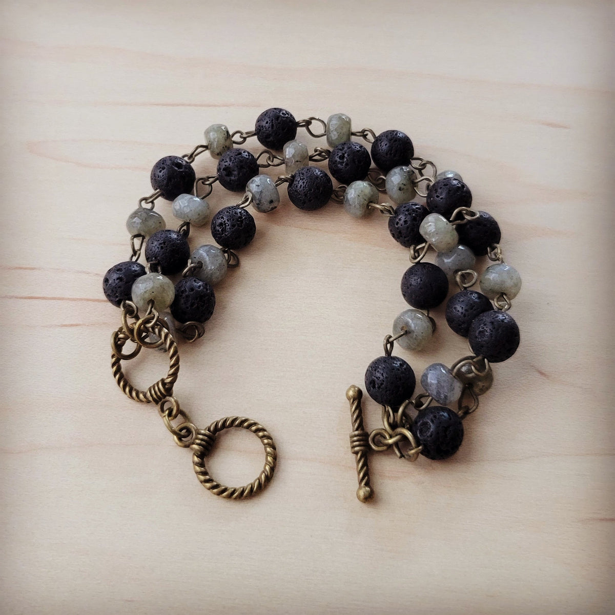 **Labradorite and Lava Triple Strand Bracelet 808k