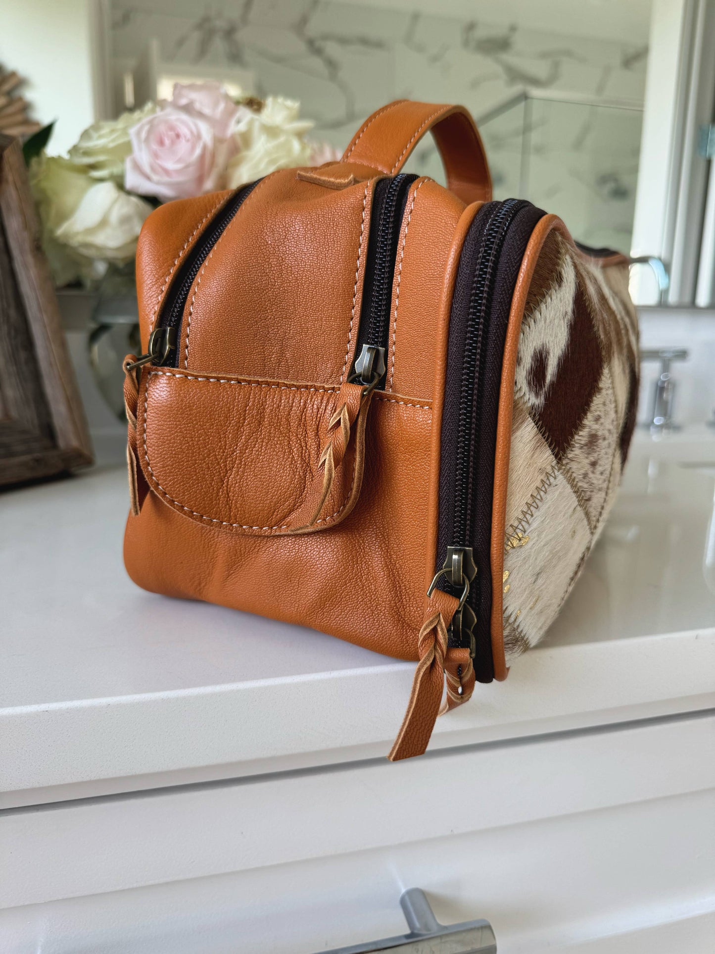 Genuine Leather Cowhide Cosmetic Travel Bag