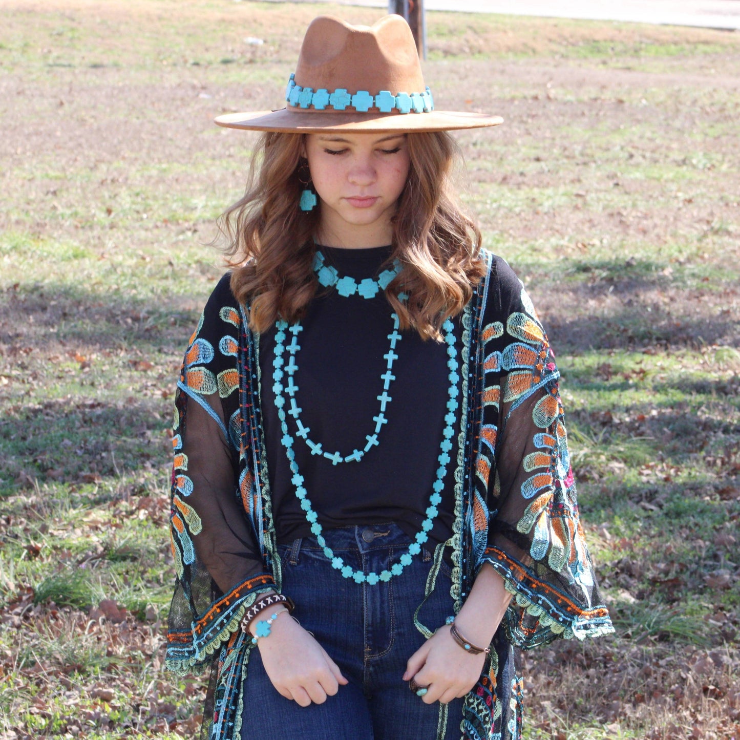 **Blue Turquoise & Wood Beaded Cross Necklace 258n