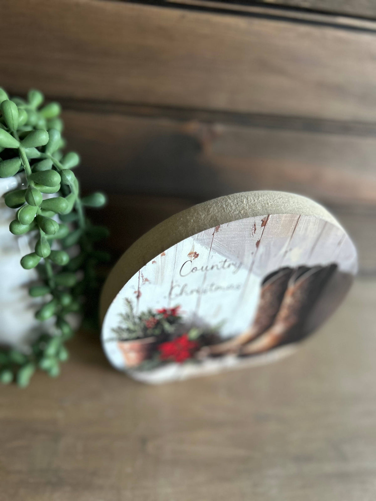 Country Christmas Boots Wood Circle Sign