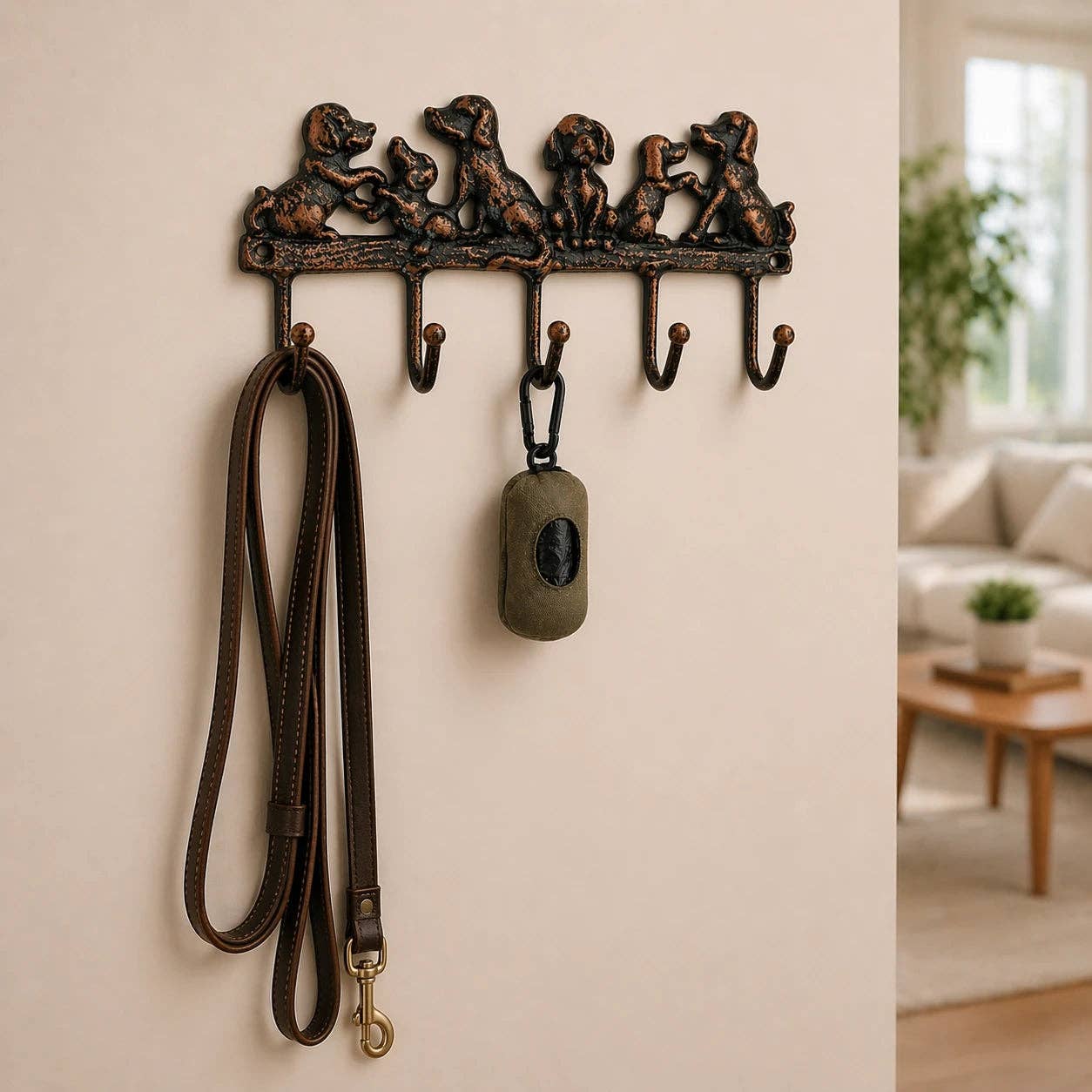 Dog Family 5-Hook Rack, Cast Iron for Leashes, Coats or Keys