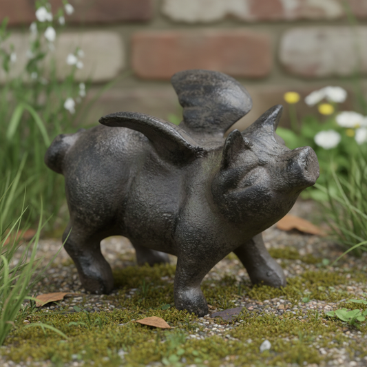 Flying Pig Figurine, Cast Iron Shelf or Tabletop Home Decor, 4"