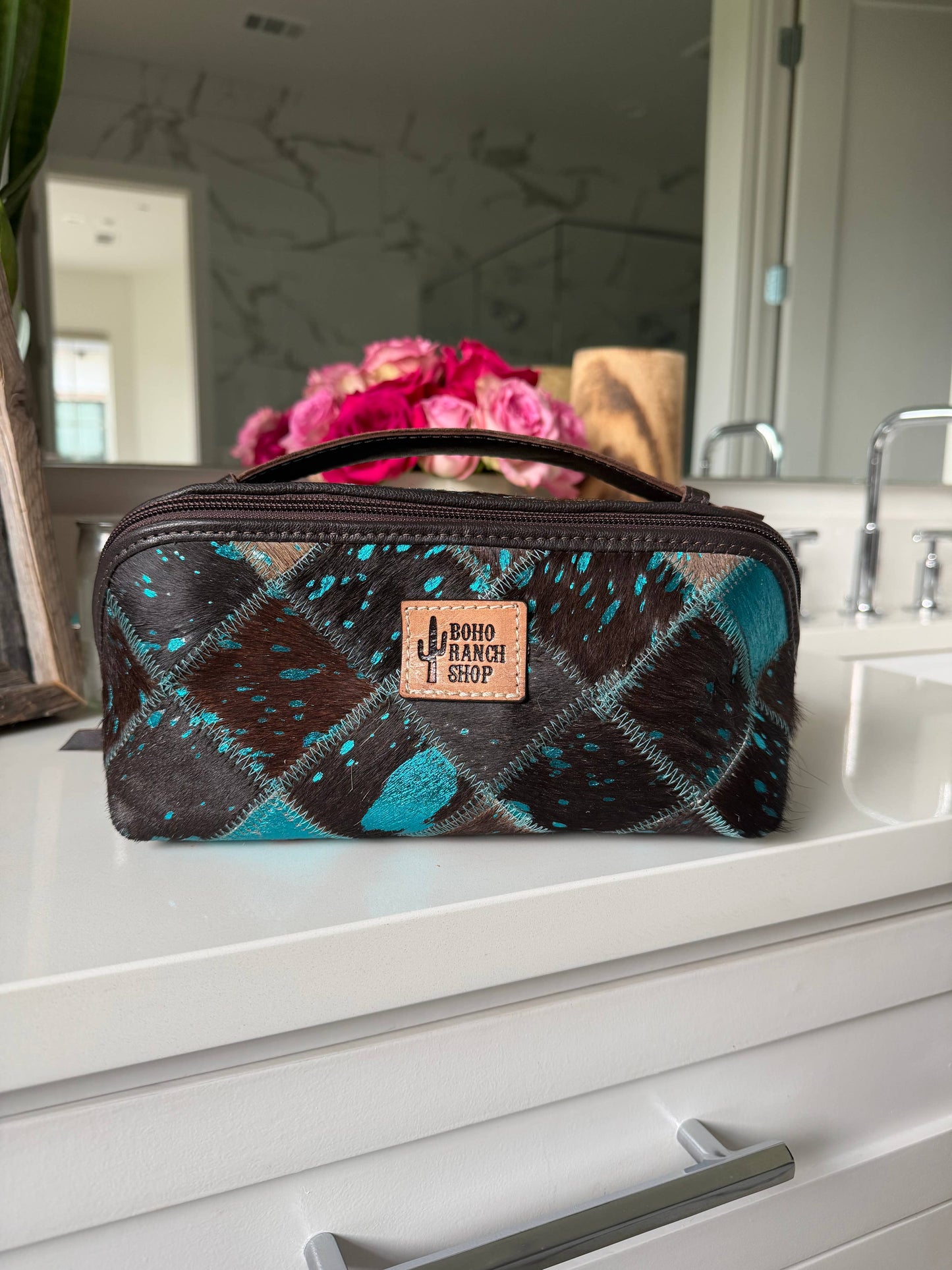 Ella Cowhide Leather Cosmetic Bag - Diagonal Opening