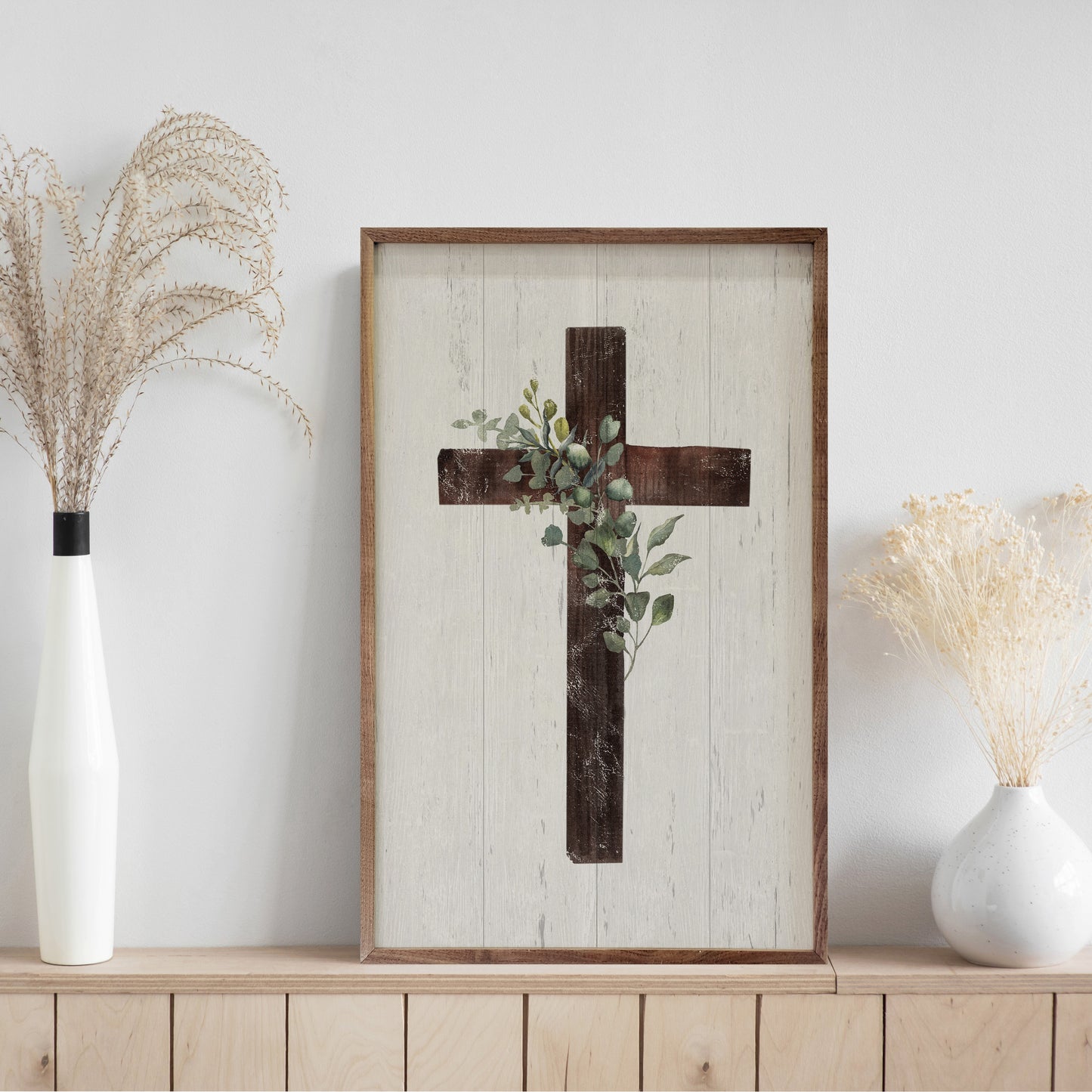 Cross With Greenery Whitewash