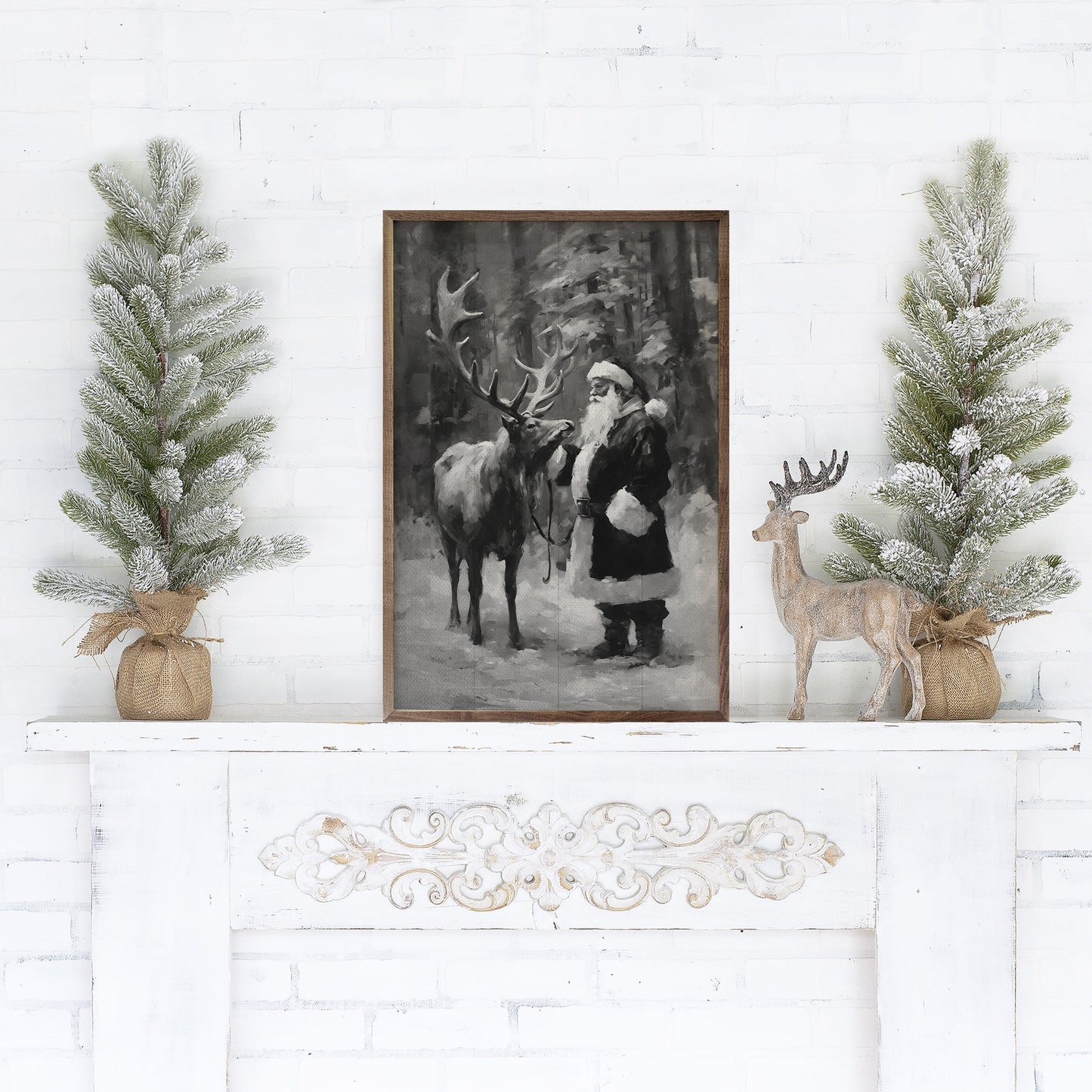 Santa And Reindeer BW