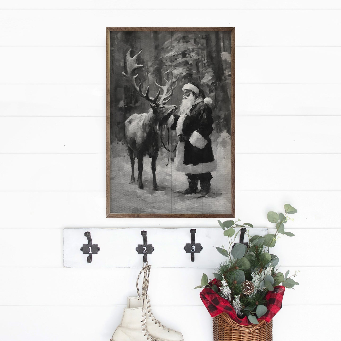 Santa And Reindeer BW
