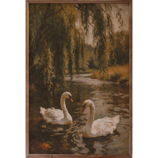 Swans Gliding Through A Willow River