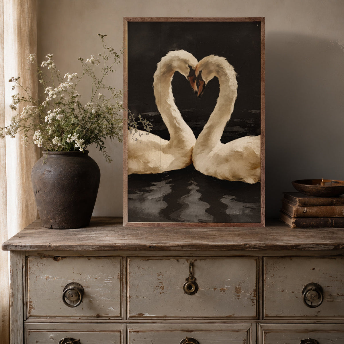 Two White Swans In A Heart Embrace