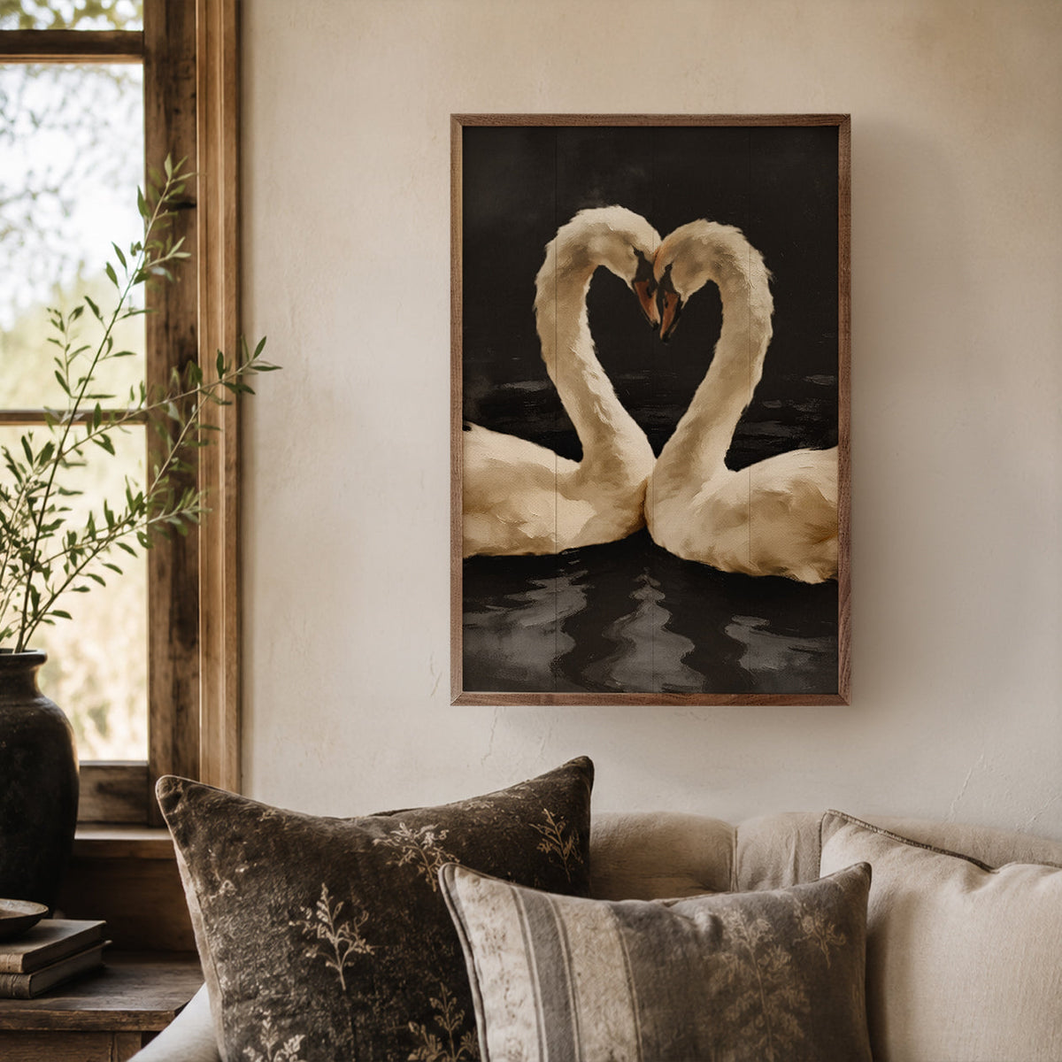 Two White Swans In A Heart Embrace