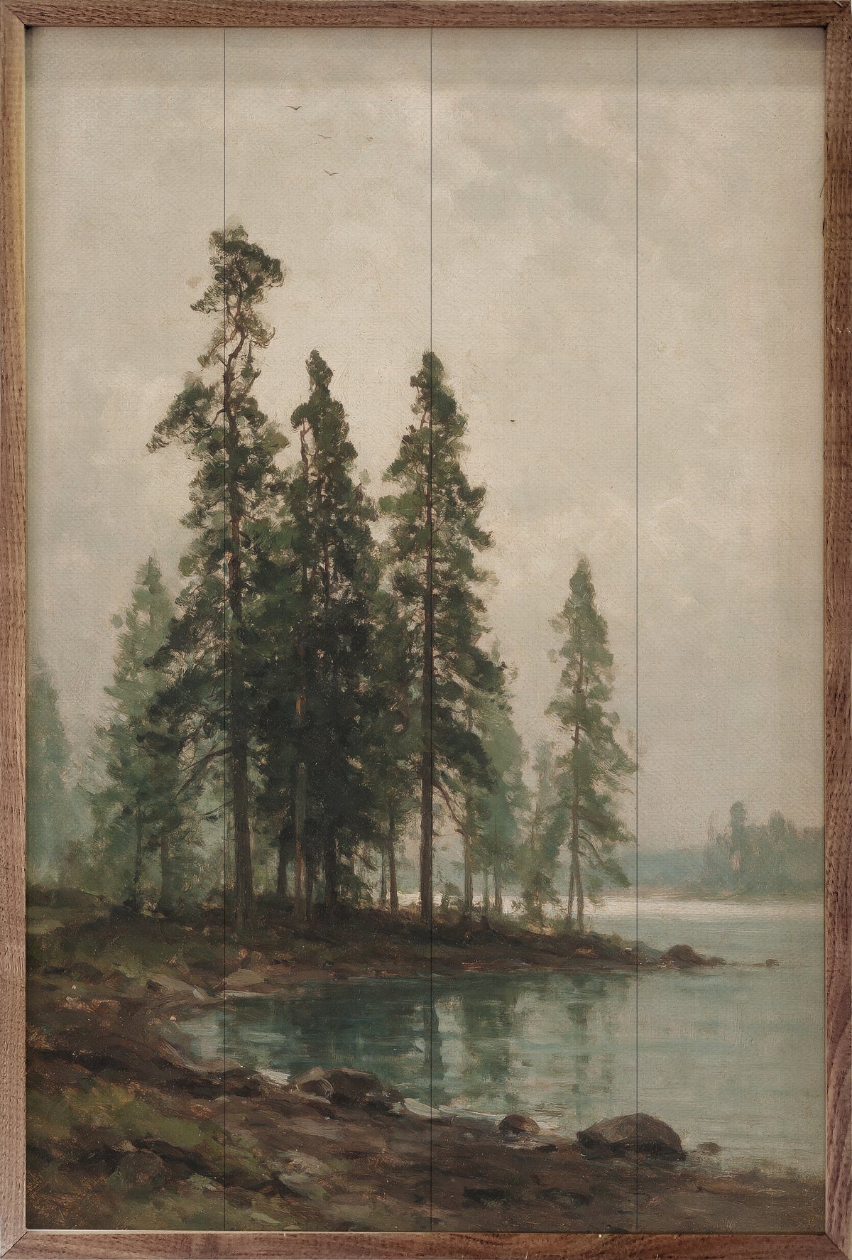 Vintage Riverbank Pine Landscape