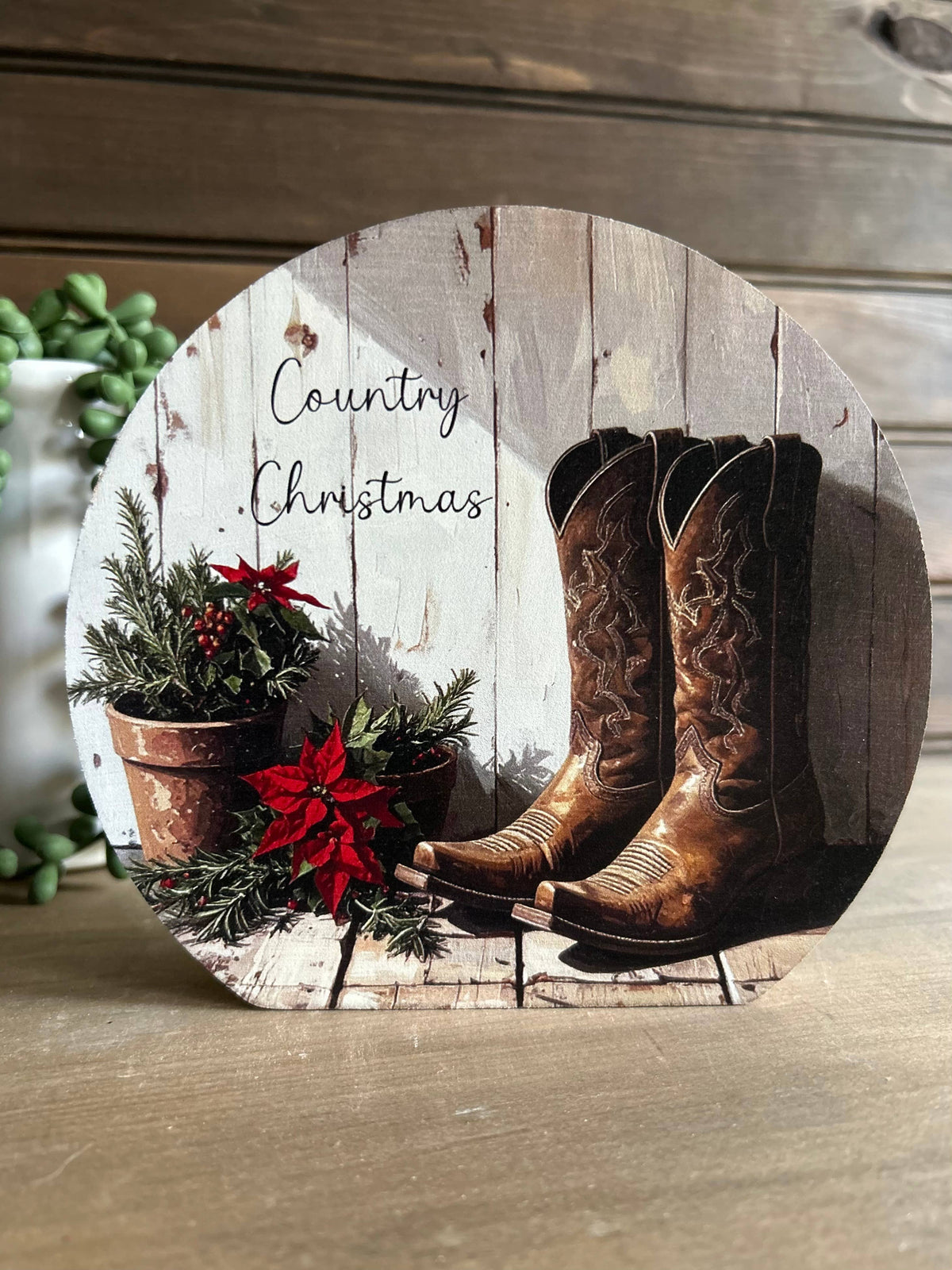 Country Christmas Boots Wood Circle Sign