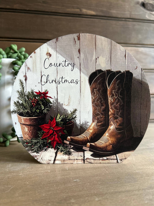 Country Christmas Boots Wood Circle Sign
