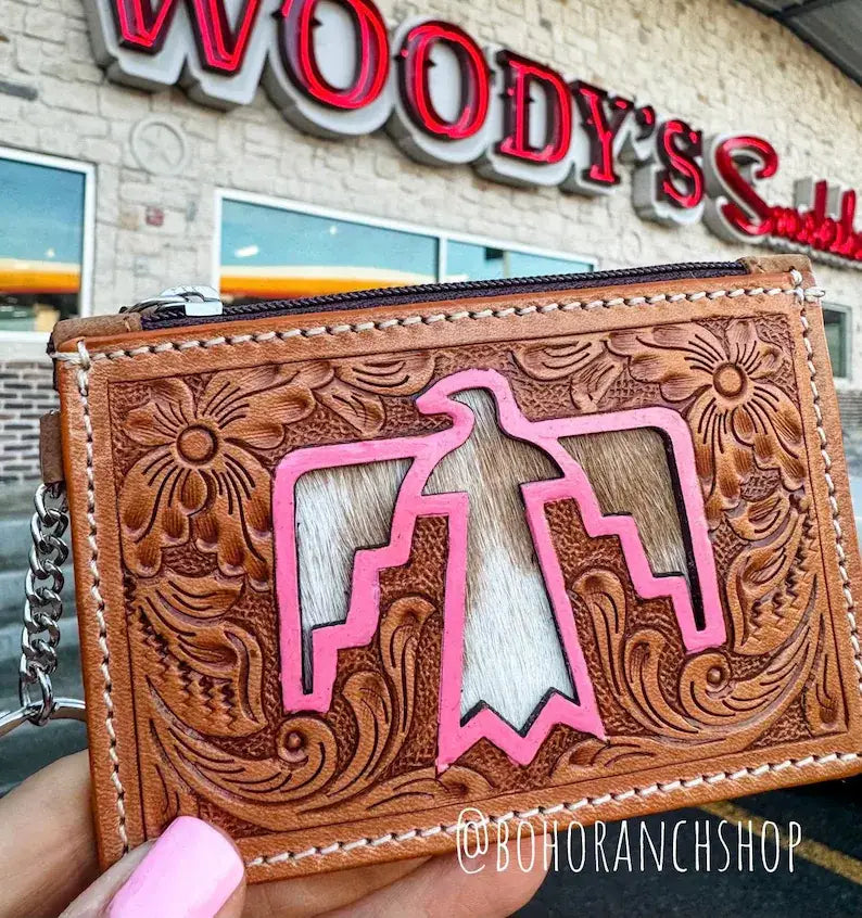Tan w/Turquoise/Pink Longhorn/Thunderbird Keychain Wallet