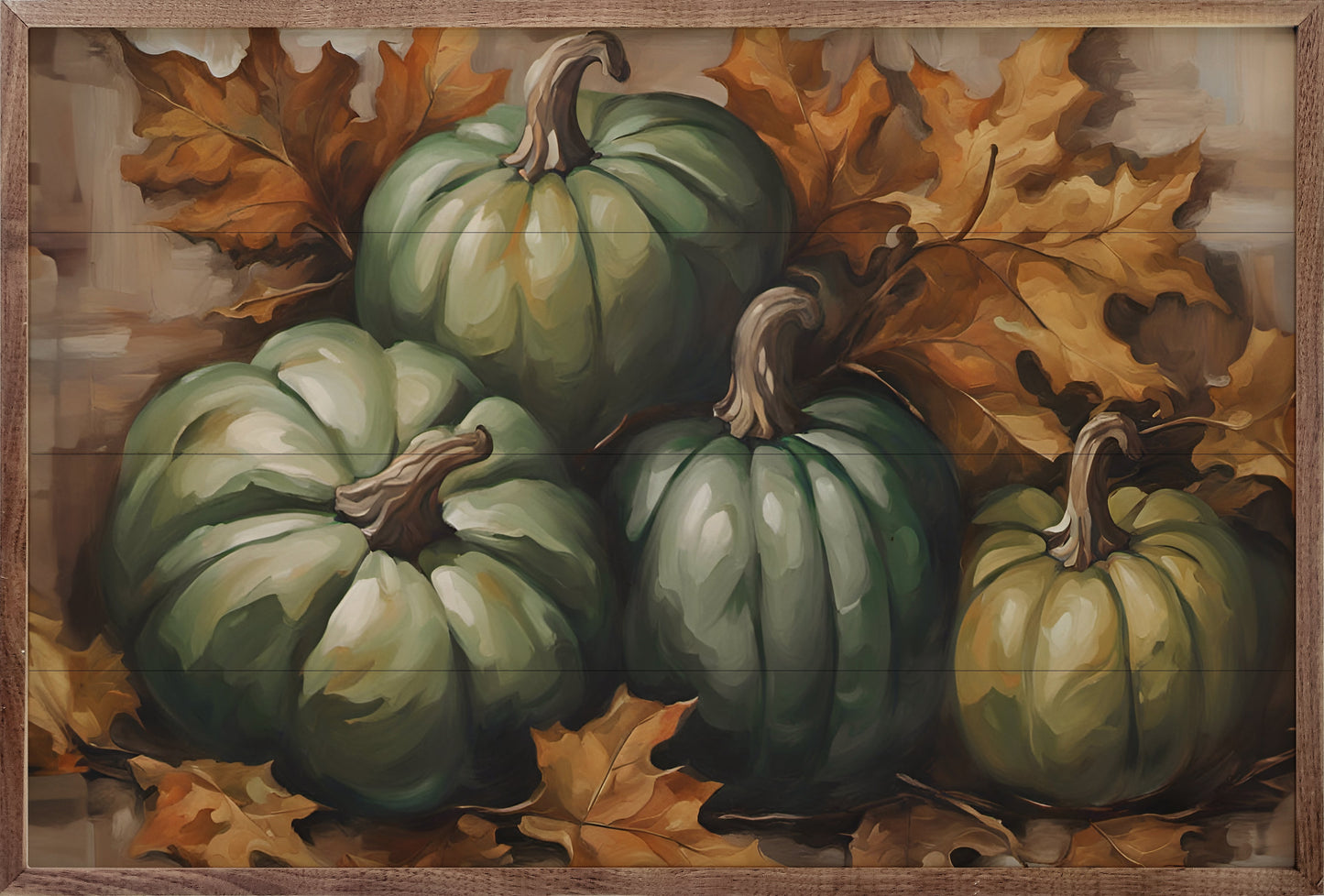 Four Green Pumpkins In Leaves