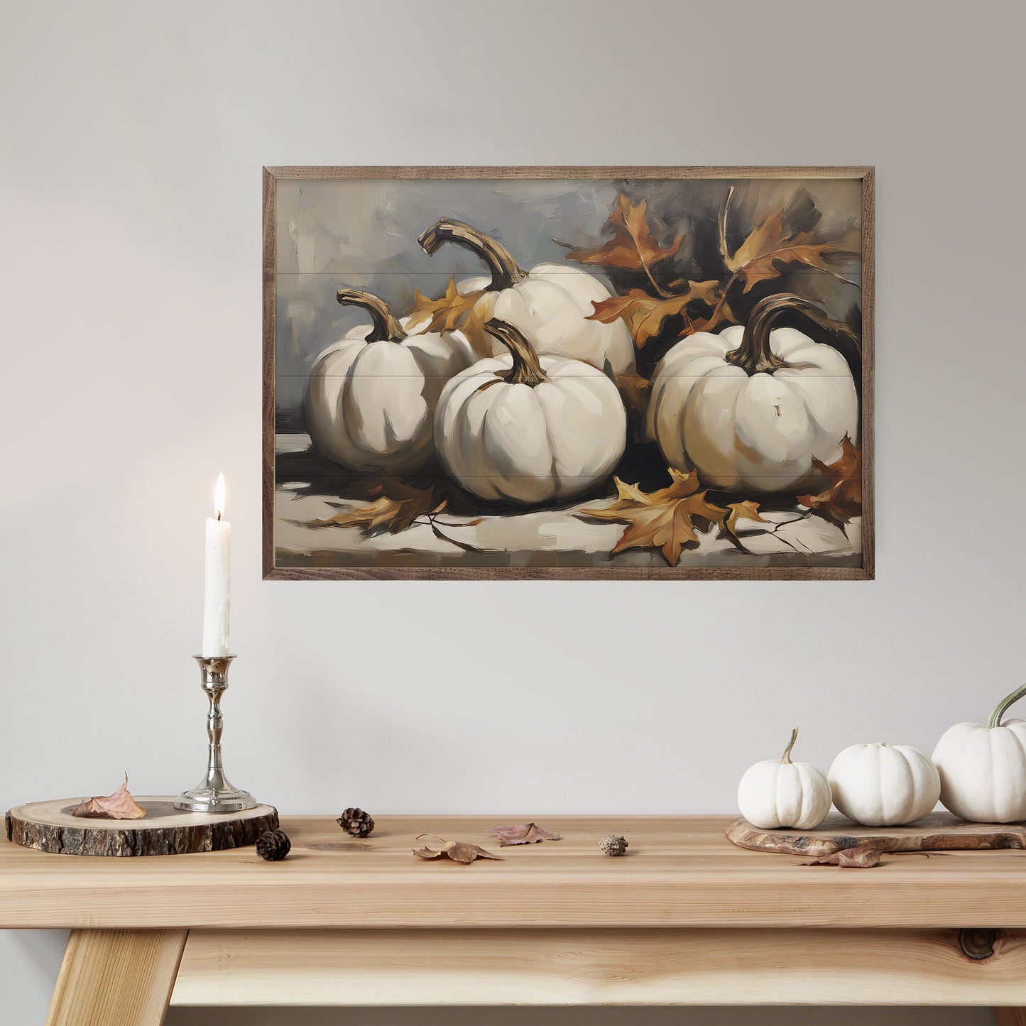 Four White Pumpkins With Leaves