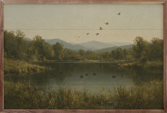 Vintage Ducks Flying Over A Country Pond