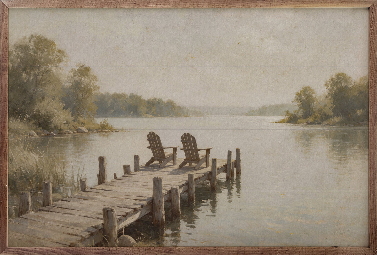 Vintage Lake Dock With Adirondack Chairs