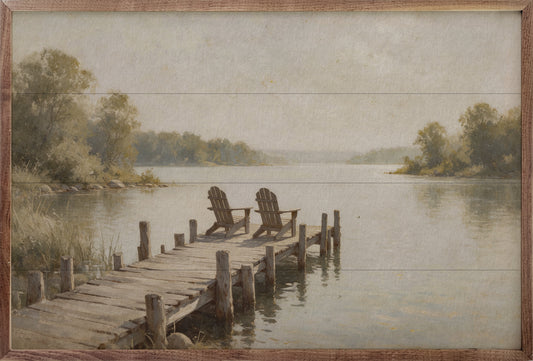 Vintage Lake Dock With Adirondack Chairs