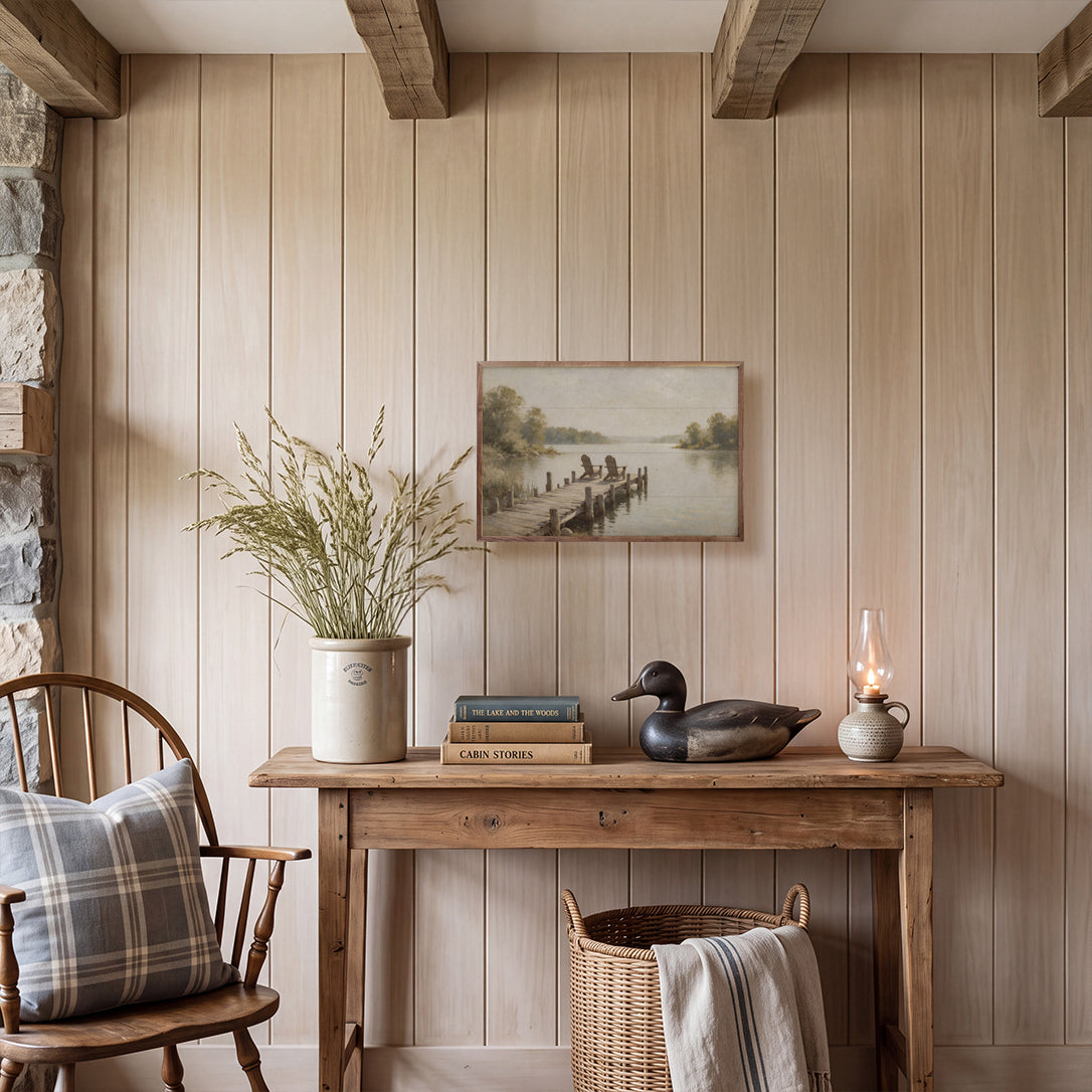 Vintage Lake Dock With Adirondack Chairs