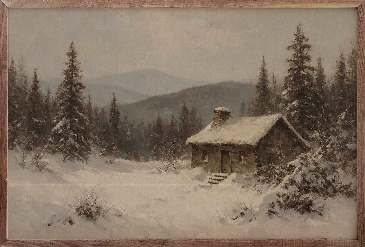 Vintage Snowy Mountain Cabin Landscape
