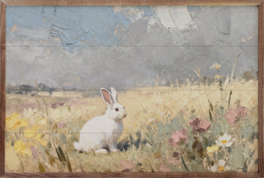 White Bunny In Flowers Looking Right