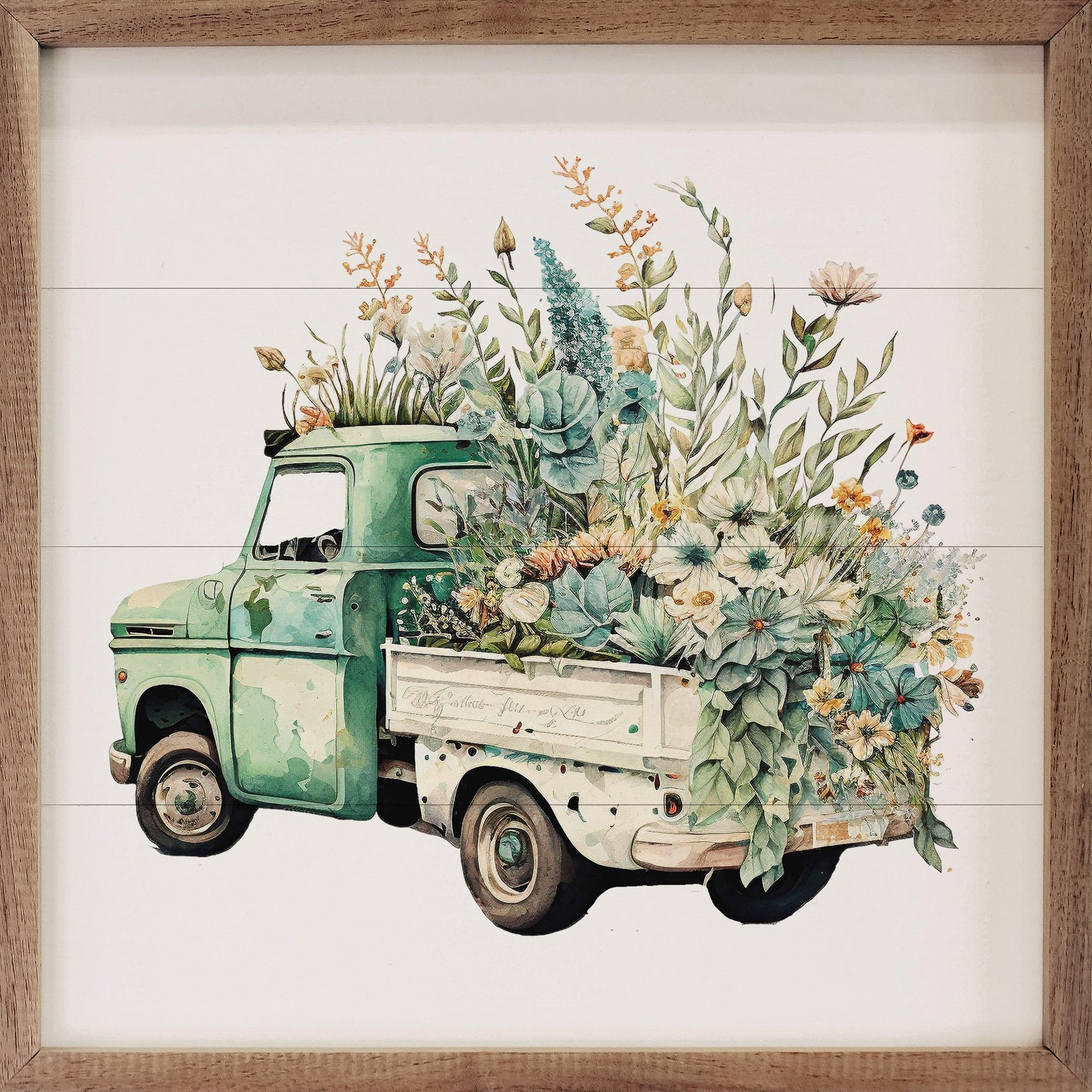 Green Truck With White Box Flowers Back View