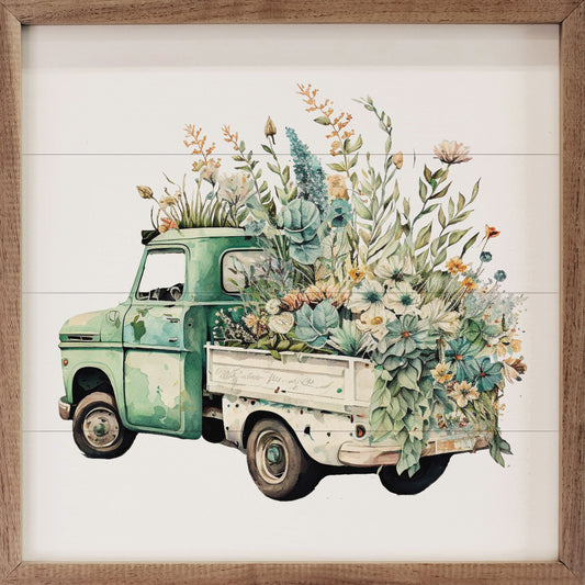 Green Truck With White Box Flowers Back View